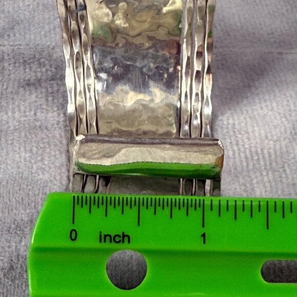 Hammered Silver Tone Metal Cuff Bracelet Asymmetrical Textured Adjustable Fit - Picture 15 of 16